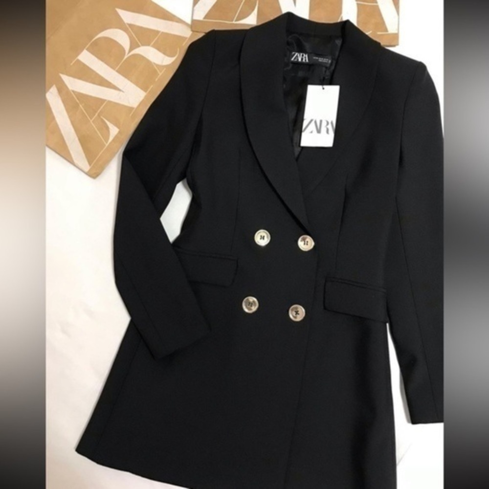ZARA Double Breasted long Black Blazer 8246/642 - Picture 3 of 16